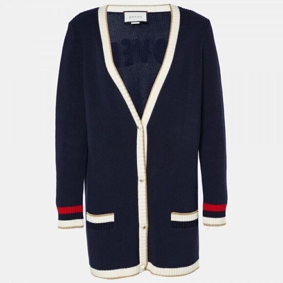 Gucci Blue Lurex Detail Contrast Trim Knit Cardigan Size Small - Picture 1 of 13